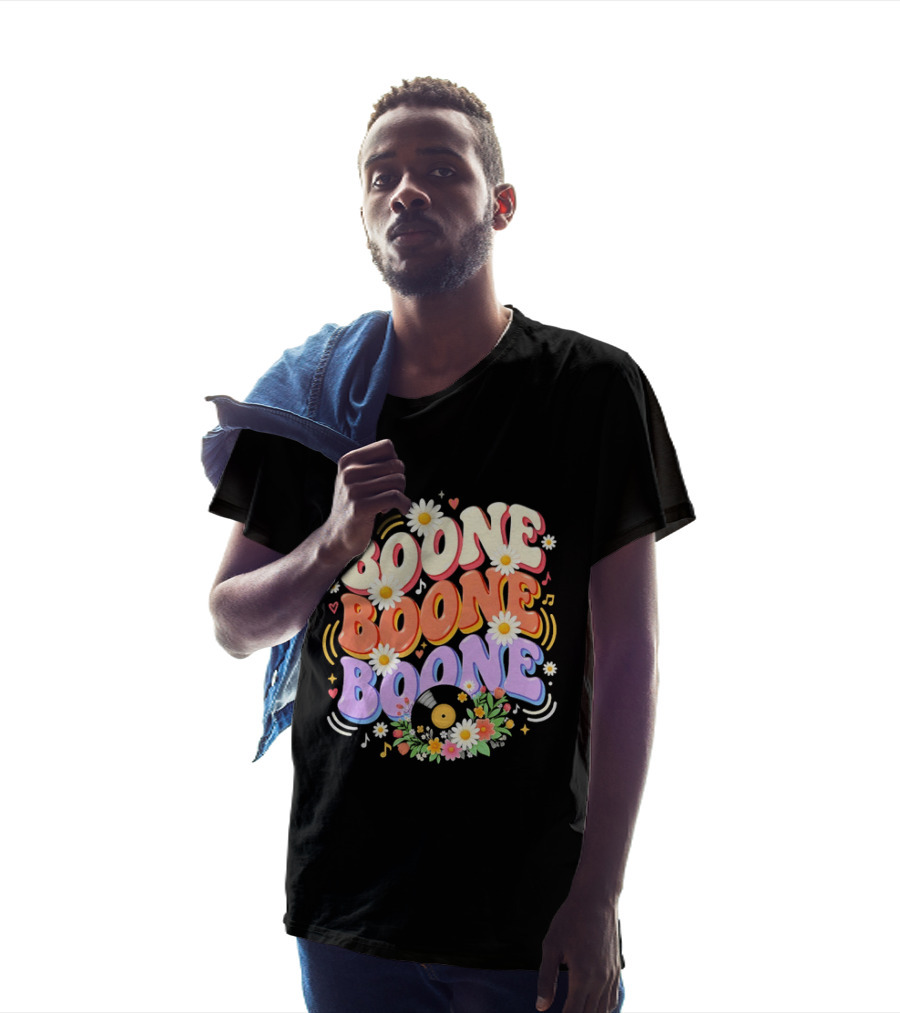Boone Floral Vinyl Record Music Lover Colorful Daisy Notes Hearts T-Shirt