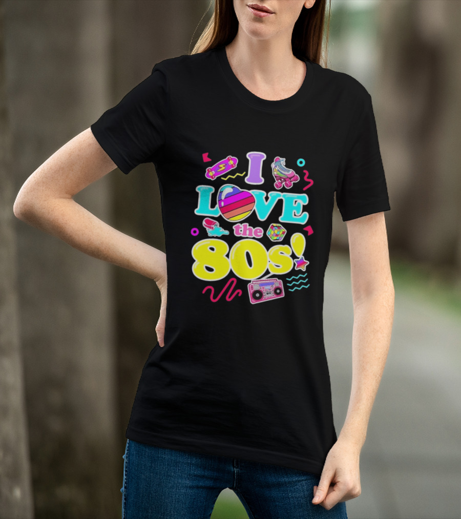 I Love The 80s Nostalgia Roller Skates Boombox Rubik's Cube Retro Fun T-Shirt