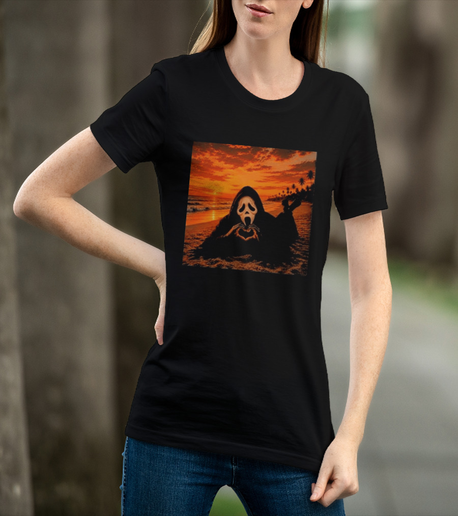 Ghostface Heart Hands Beach Sunset Halloween 2026 T-Shirt