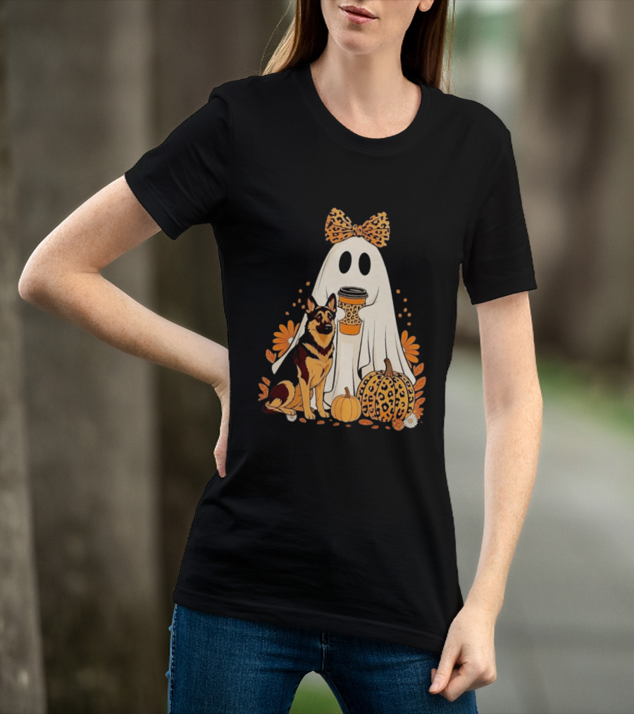 German Shepherd Ghost Leopard Pumpkin Coffee Halloween Bow T-Shirt