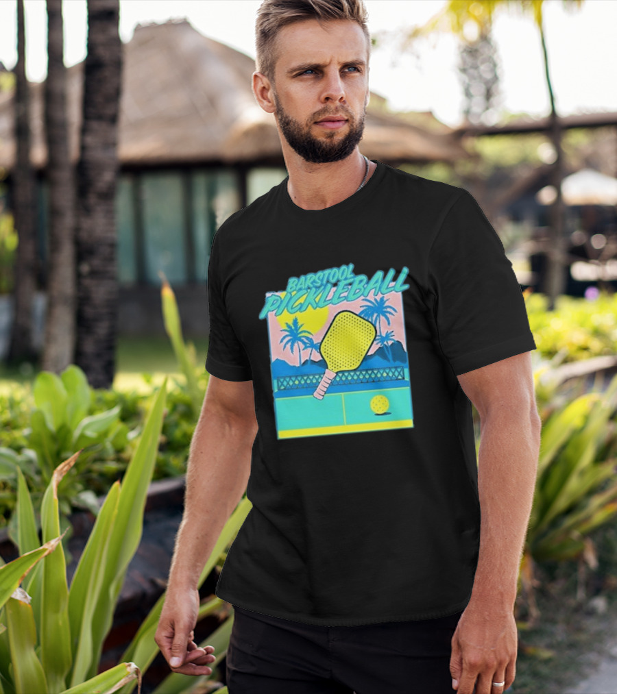 Barstool Pickleball Tropical Retro Paddle And Palm Trees T-Shirt