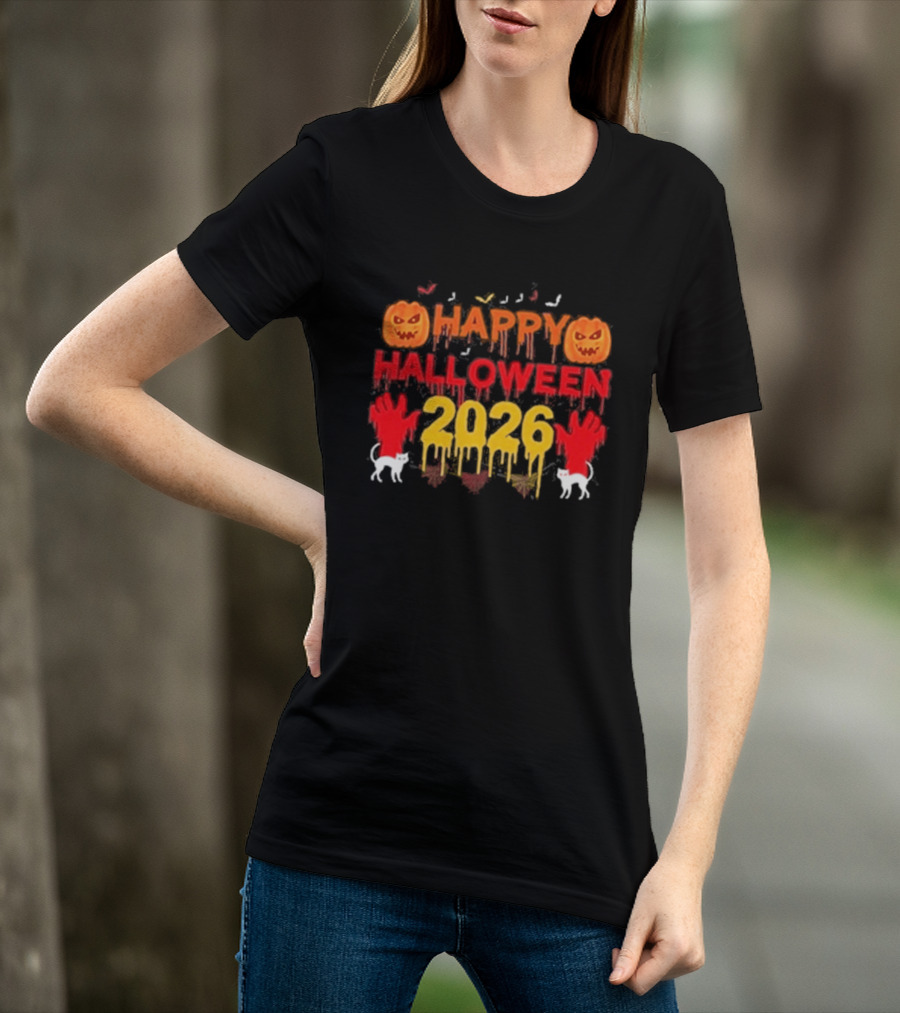 Happy Halloween 2026 Spooky Pumpkin Ghosts And Cats T-Shirt