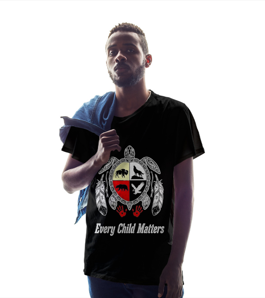Every Child Matters Native American Turtle Medicine Wheel Feathers And Red Handprints T-Shirt