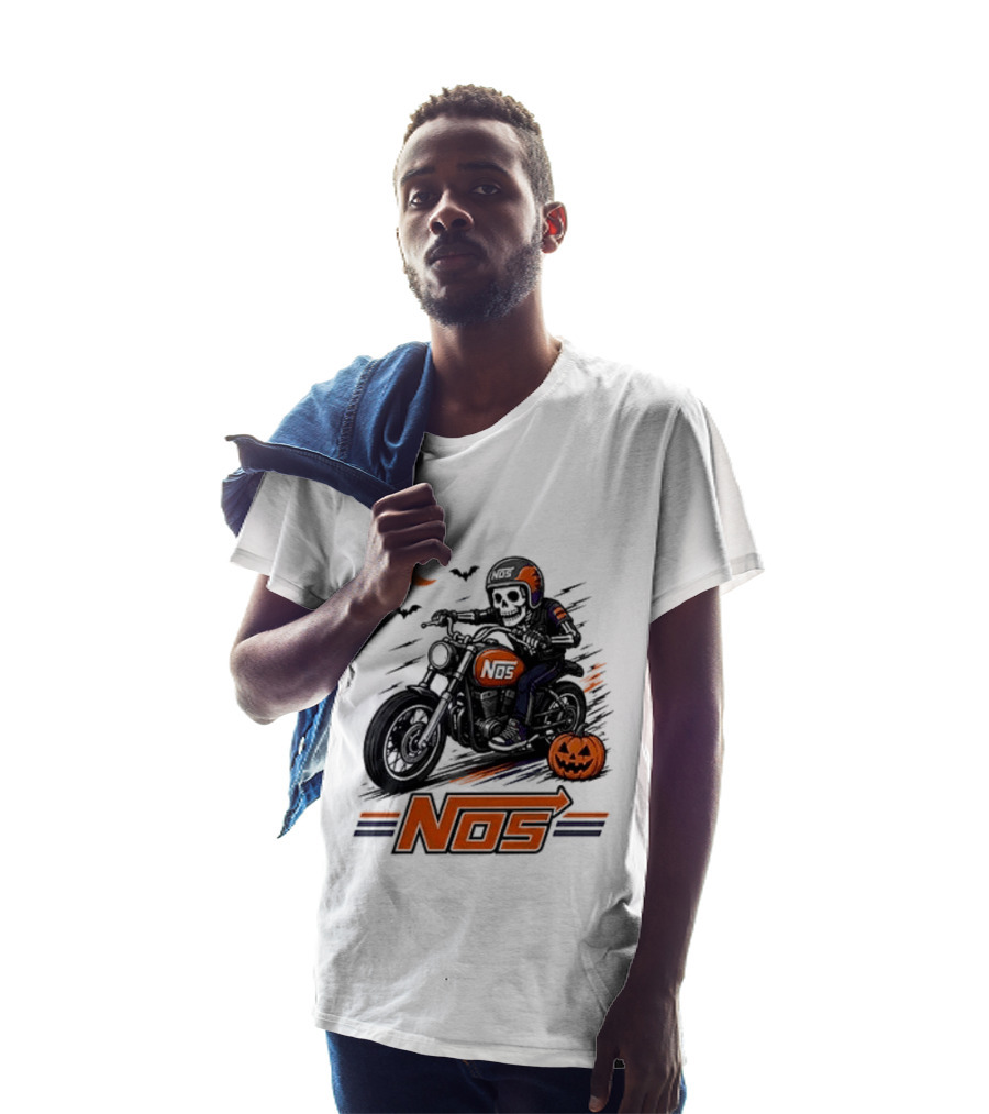 NOS Skeleton Biker Halloween Pumpkin Moon Bats T-Shirt