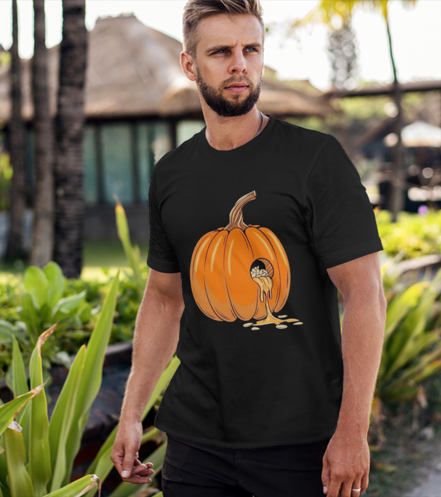 Gourdy Hole Halloween Pumpkin With Seeds Streaming Out T-Shirt