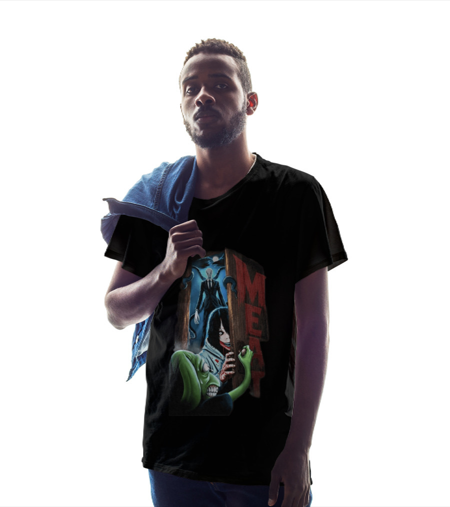 Meatcanyon Store Knock Knock Creepy Distressed Characters Horror Scene T-Shirt