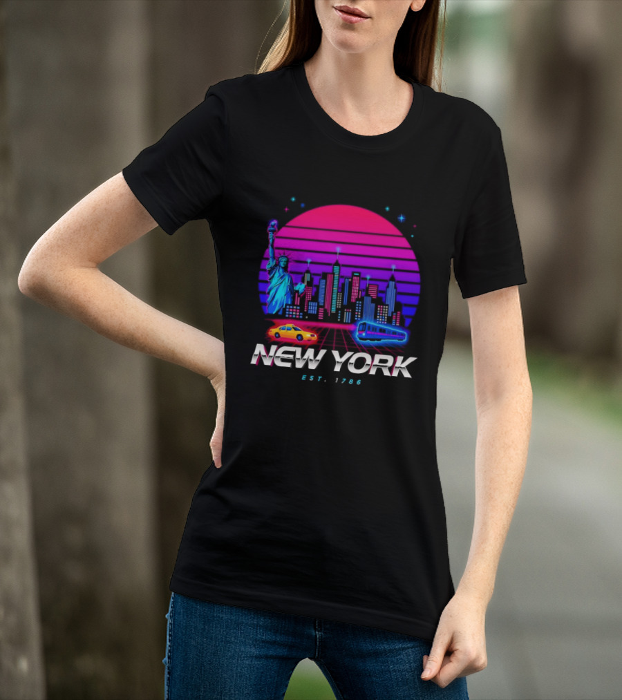 New York Est 1786 Cityscape Synthwave Statue Of Liberty Neon Skyline Retro Car T-Shirt
