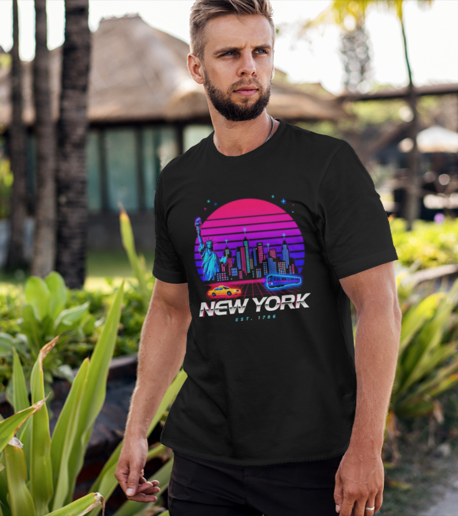 New York Est 1786 Cityscape Synthwave Statue Of Liberty Neon Skyline Retro Car T-Shirt
