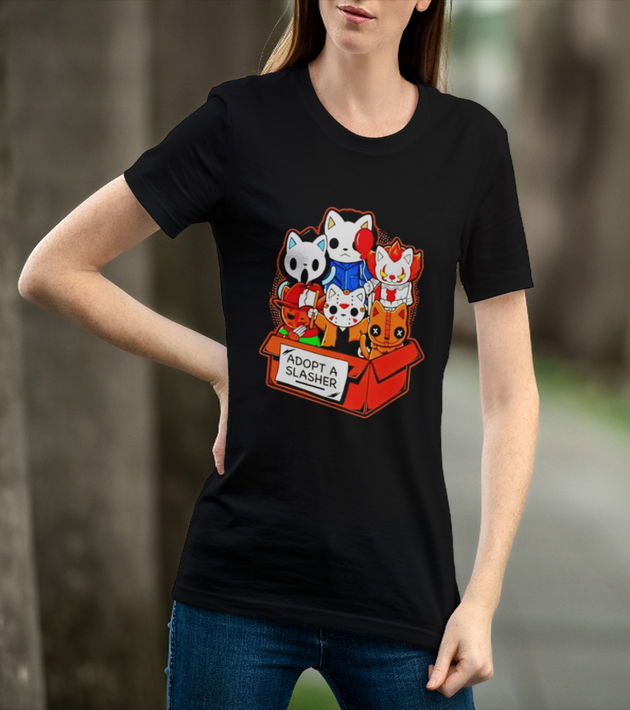Adopt A Slasher Horror Movie Cat Characters Box Featuring Iconic Halloween Villains T-Shirt