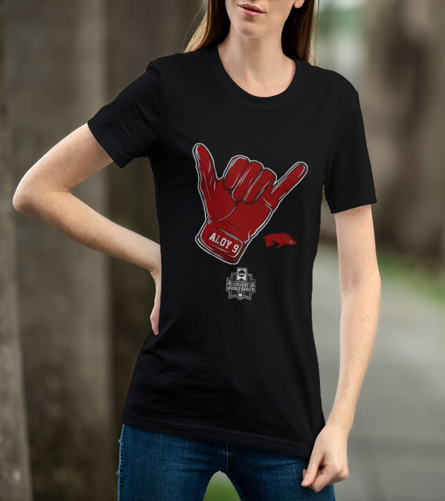 Arkansas Razorbacks Aloy 9 NCAA College World Series Shaka Gesture T-Shirt