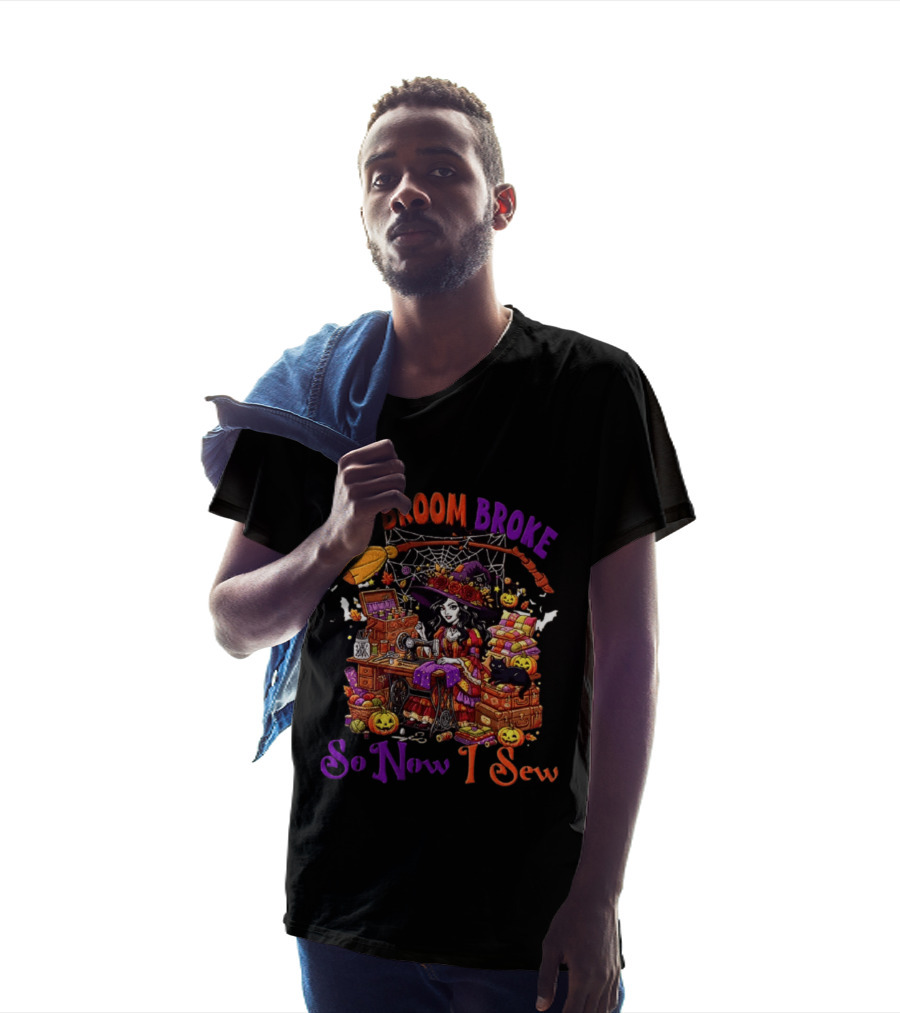 My Broom Broke So Now I Sew Halloween Witch Sewing Machine Black Cat Pumpkins T-Shirt