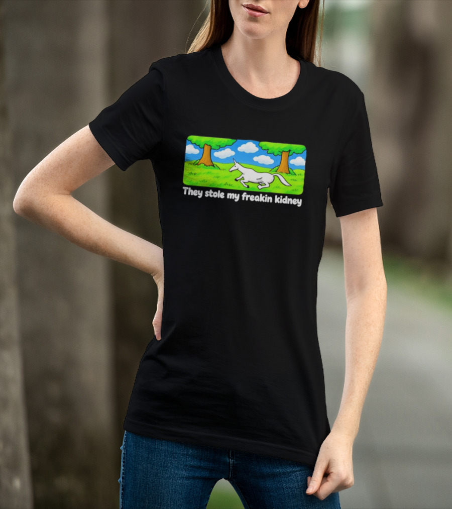 They Stole My Freakin Kidney Unicorn Cartoon Scene T-Shirt