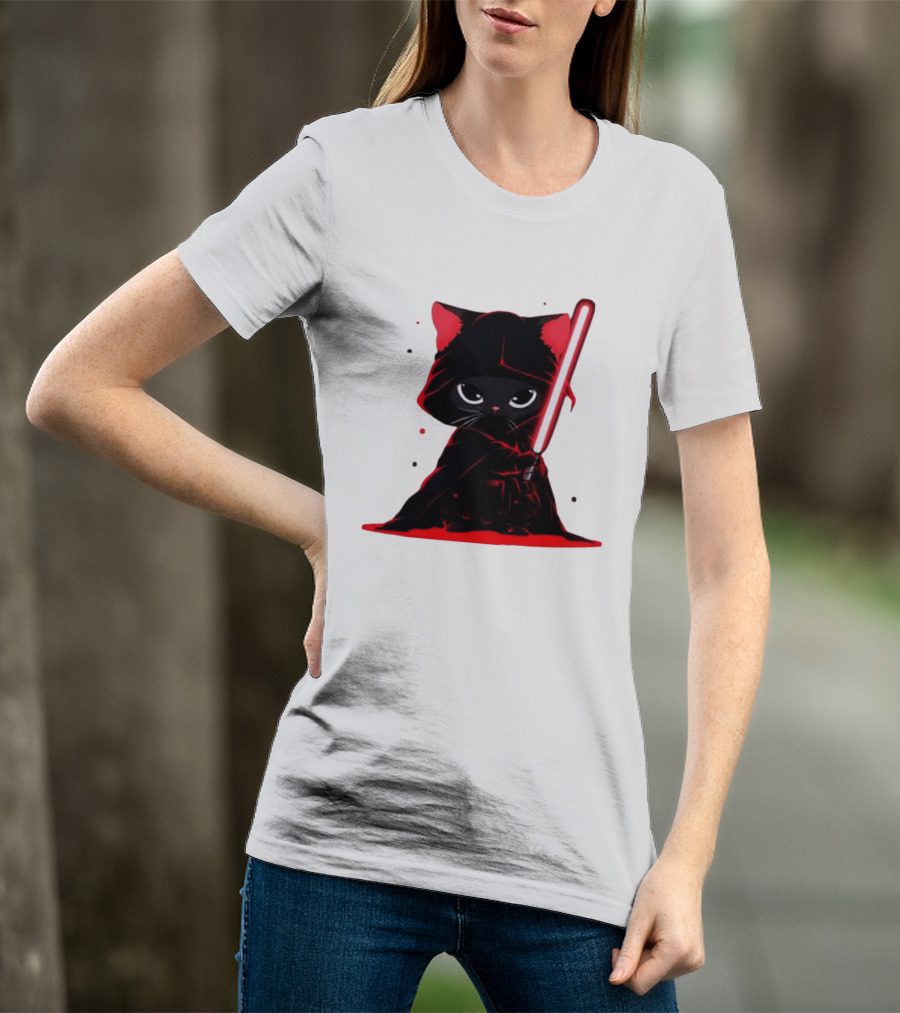 Black Cat Sith With Red Lightsaber Cloaked In Darkness T-Shirt