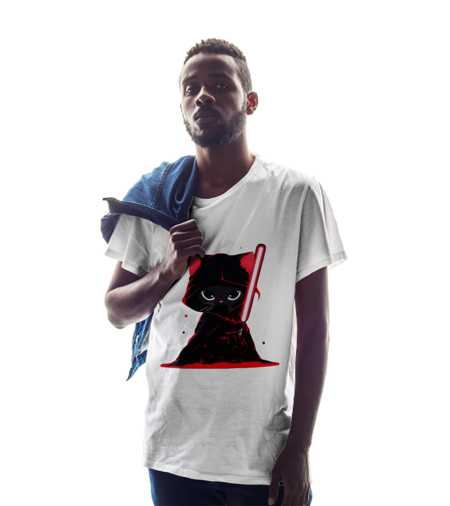 Black Cat Sith With Red Lightsaber Cloaked In Darkness T-Shirt