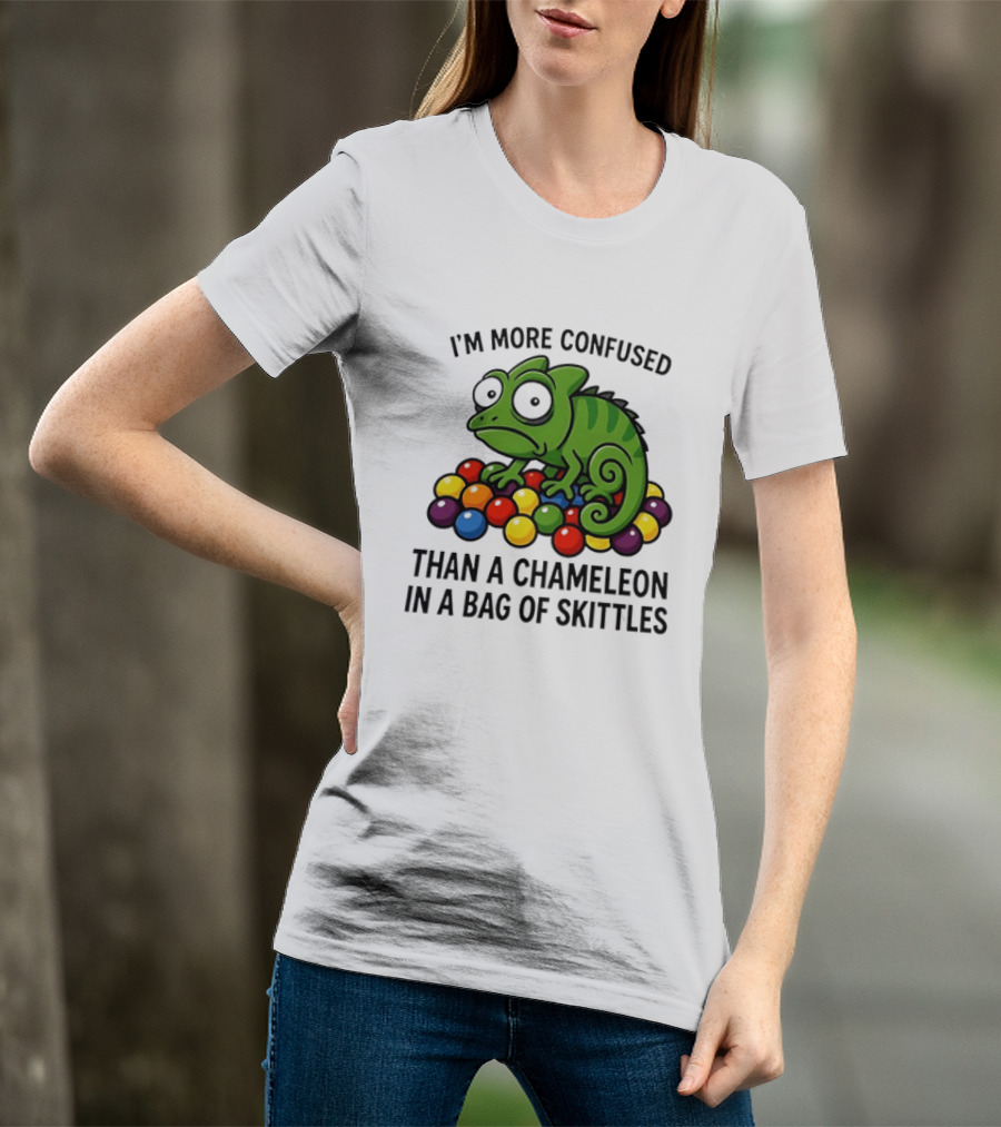 I'm More Confused Than A Chameleon In A Bag Of Skittles Colorful Chameleon And Candy Humor T-Shirt