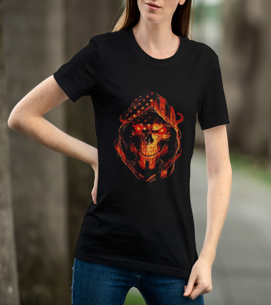 American Flag Skull Grim Reaper With Glowing Red Eyes T-Shirt
