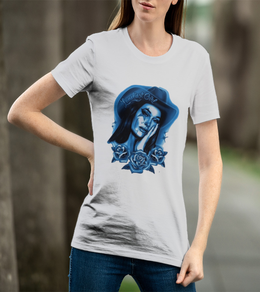 Loneliest Girl Airbrush Cowgirl In Blue With Roses T-Shirt