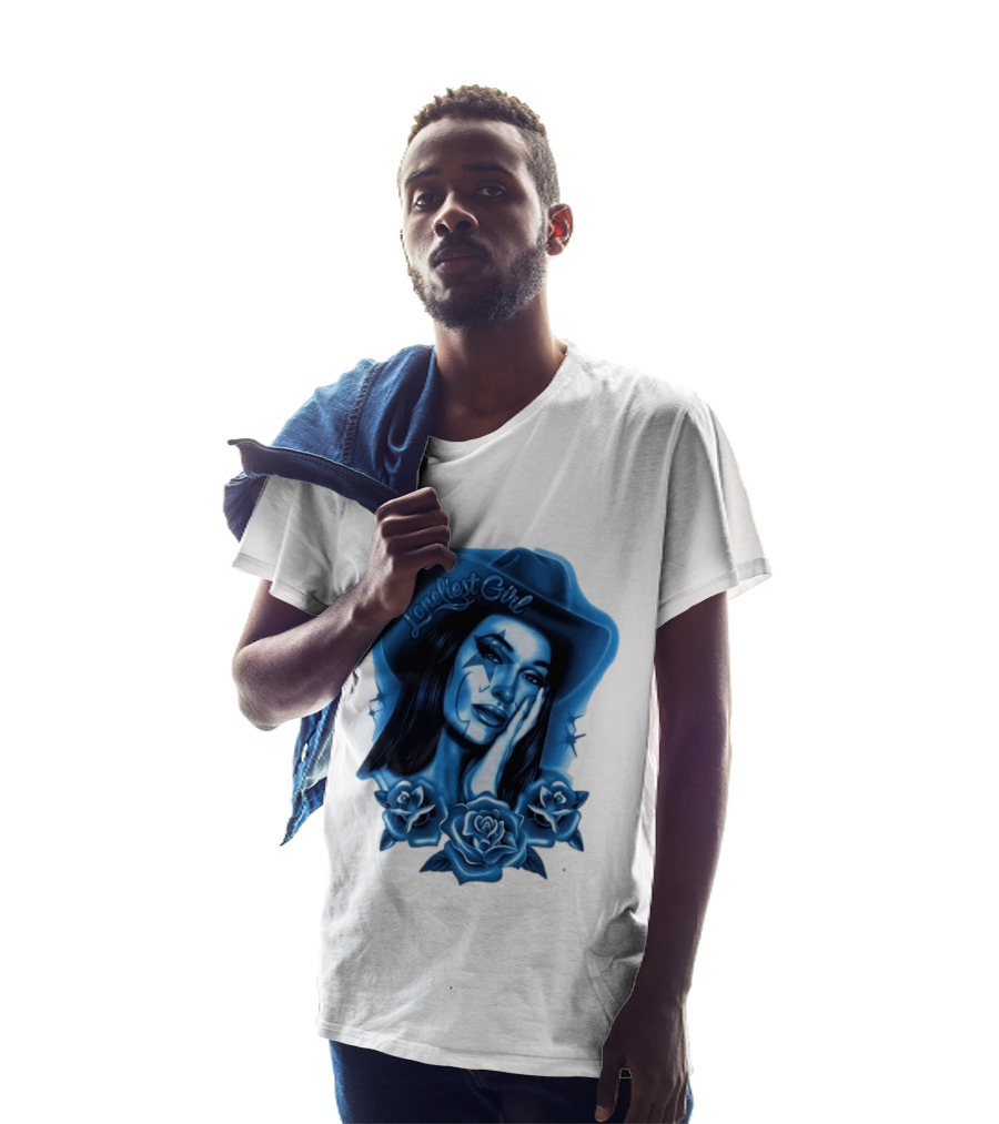 Loneliest Girl Airbrush Cowgirl In Blue With Roses T-Shirt