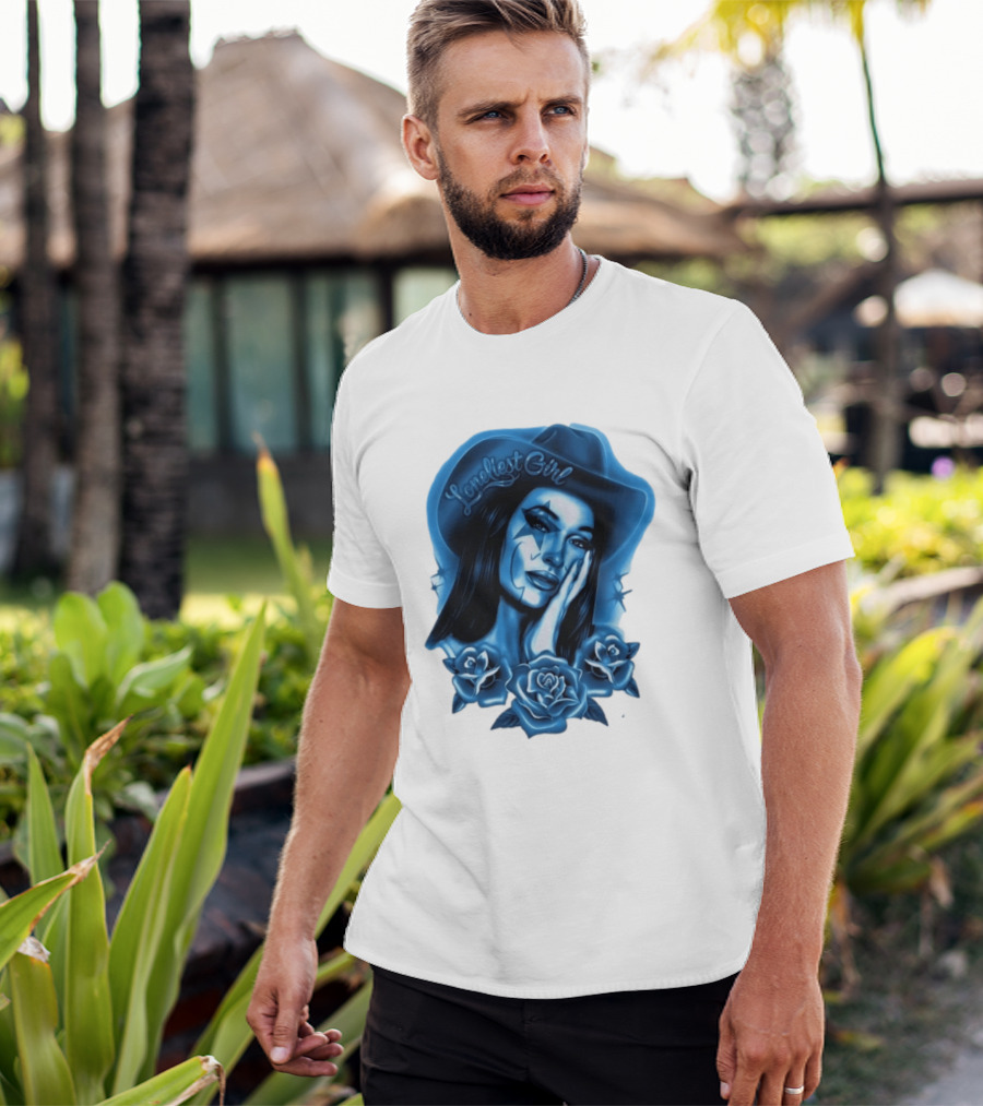 Loneliest Girl Airbrush Cowgirl In Blue With Roses T-Shirt