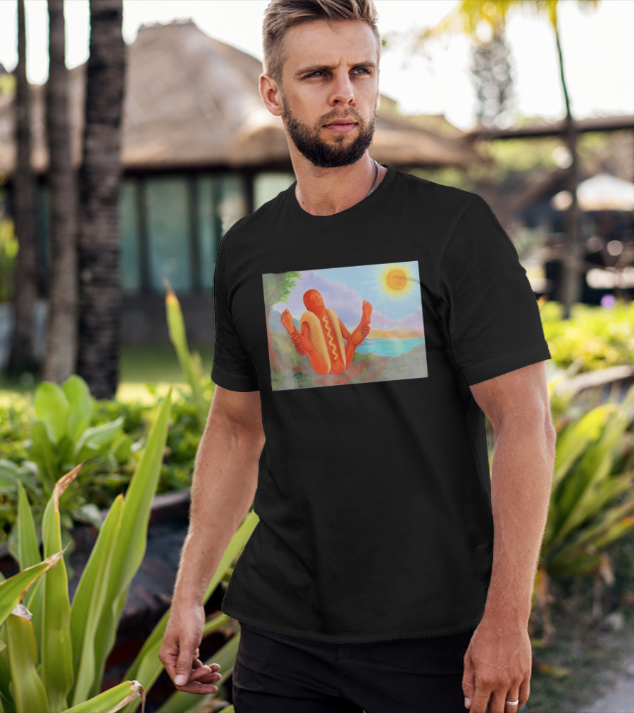 Surreal Hot Dog Doing Yoga At Sunrise With Smiling Sun T-Shirt