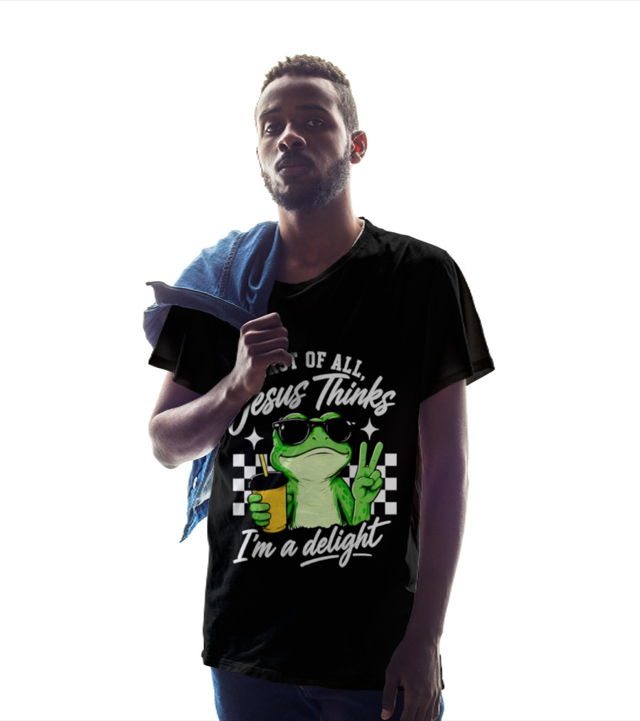 First Of All Jesus Thinks I'm A Delight Frog Holding Drink Peace Sign T-Shirt