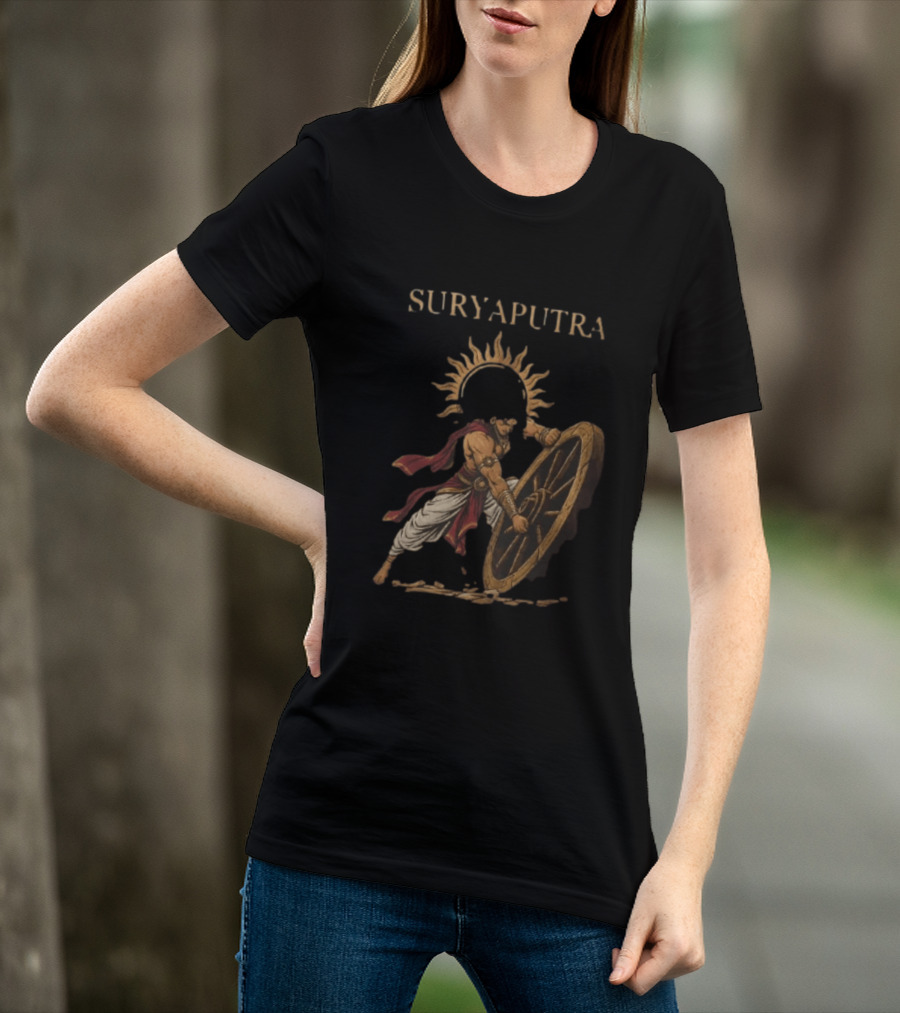 Karna Suryaputra Mahabharata Warrior Lifting Wooden Chariot Wheel With Sun Halo T-Shirt