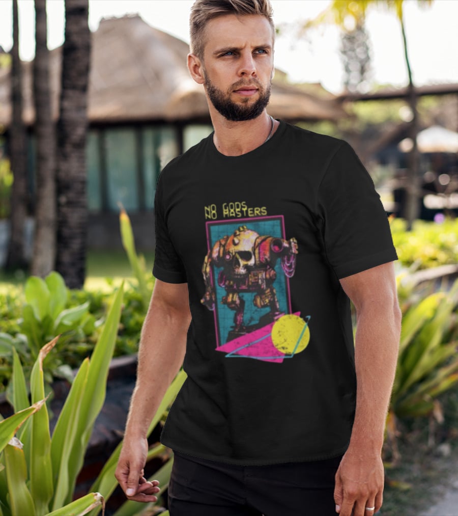 Black Magic Creative Store BMC No Gods No Masters Skull Robot T-Shirt