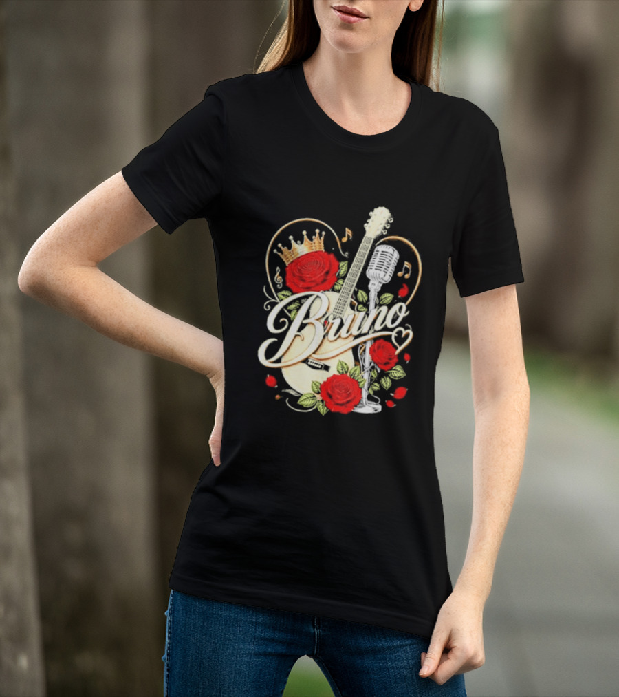 Bruno Rose Crown Guitar And Microphone With Music Notes T-Shirt