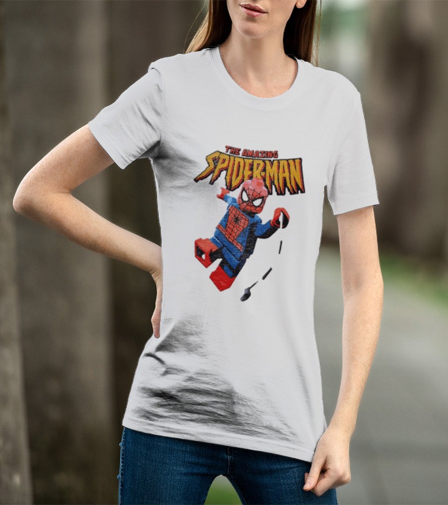 Spider Man The Amazing Lego Minifigure Swinging On Web Iconic Marvel Hero T-Shirt