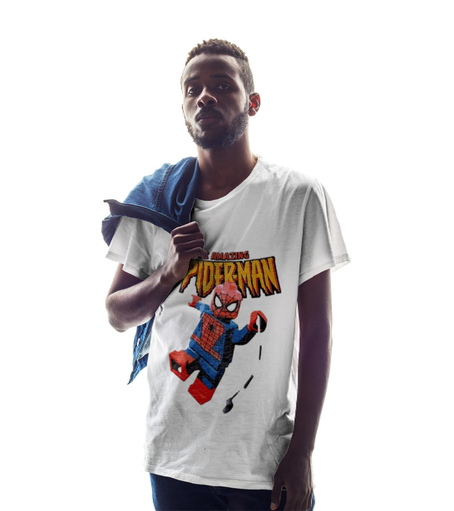 Spider Man The Amazing Lego Minifigure Swinging On Web Iconic Marvel Hero T-Shirt
