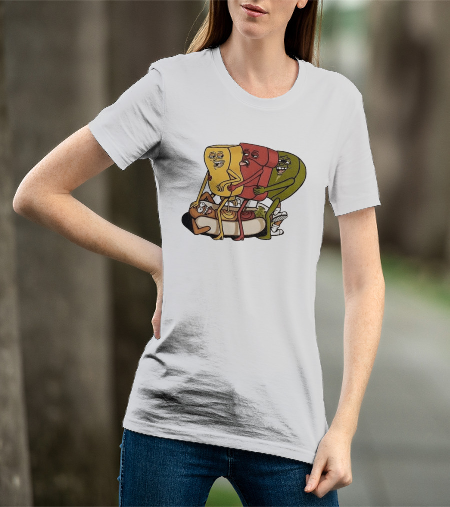 Hot Dog Topped With Mustard Ketchup And Relish Cartoon Characters T-Shirt