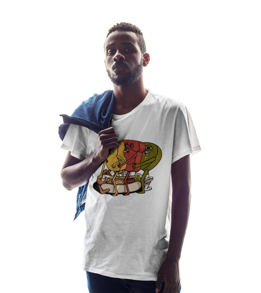 Hot Dog Topped With Mustard Ketchup And Relish Cartoon Characters T-Shirt