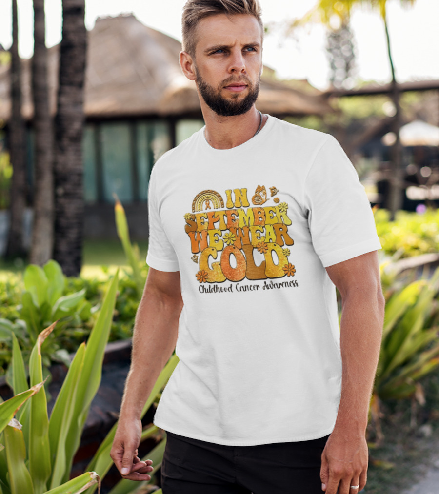 In September We Wear Gold Childhood Cancer Awareness Groovy Rainbow Butterfly Flower Motif T-Shirt