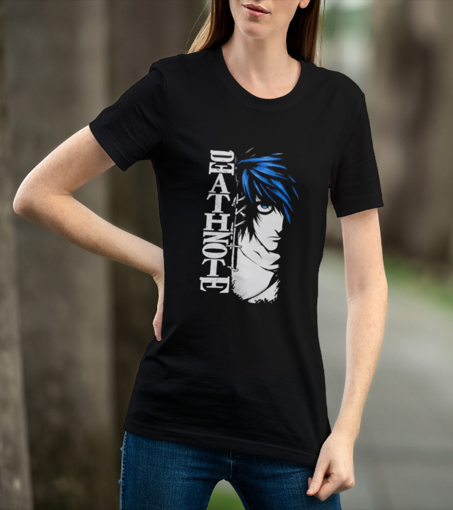 L From Death Note Distressed Anime Blue Hair White T-Shirt