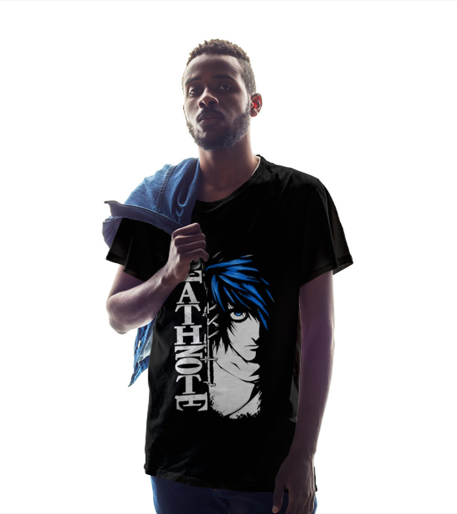 L From Death Note Distressed Anime Blue Hair White T-Shirt