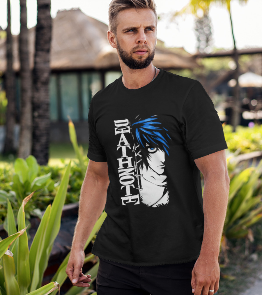 L From Death Note Distressed Anime Blue Hair White T-Shirt