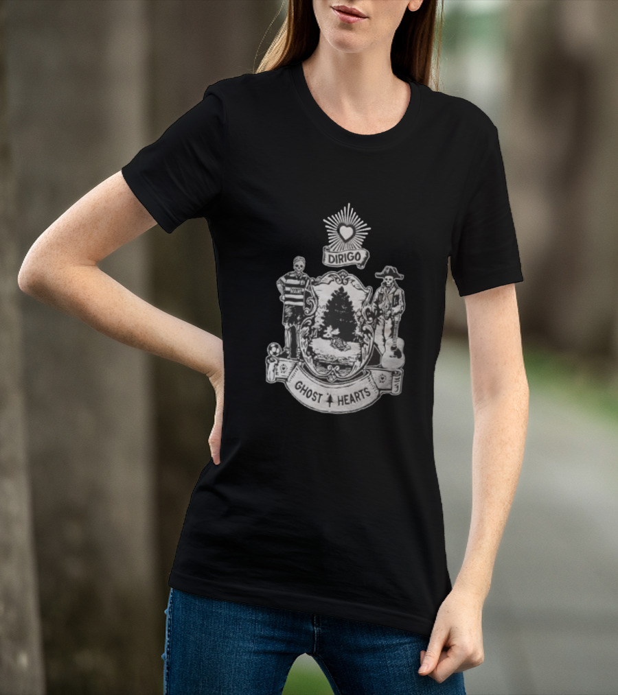 Dirigo Ghost Hearts Maine Crest With Skeleton Soccer And Guitar Players T-Shirt
