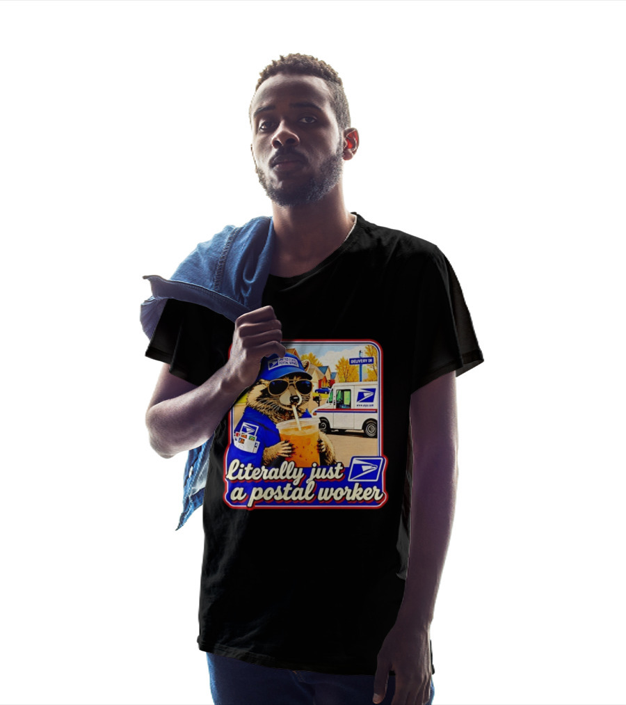 Literally Just A Postal Worker Raccoon With USA Postal Service Mail Truck Delivery Scene T-Shirt