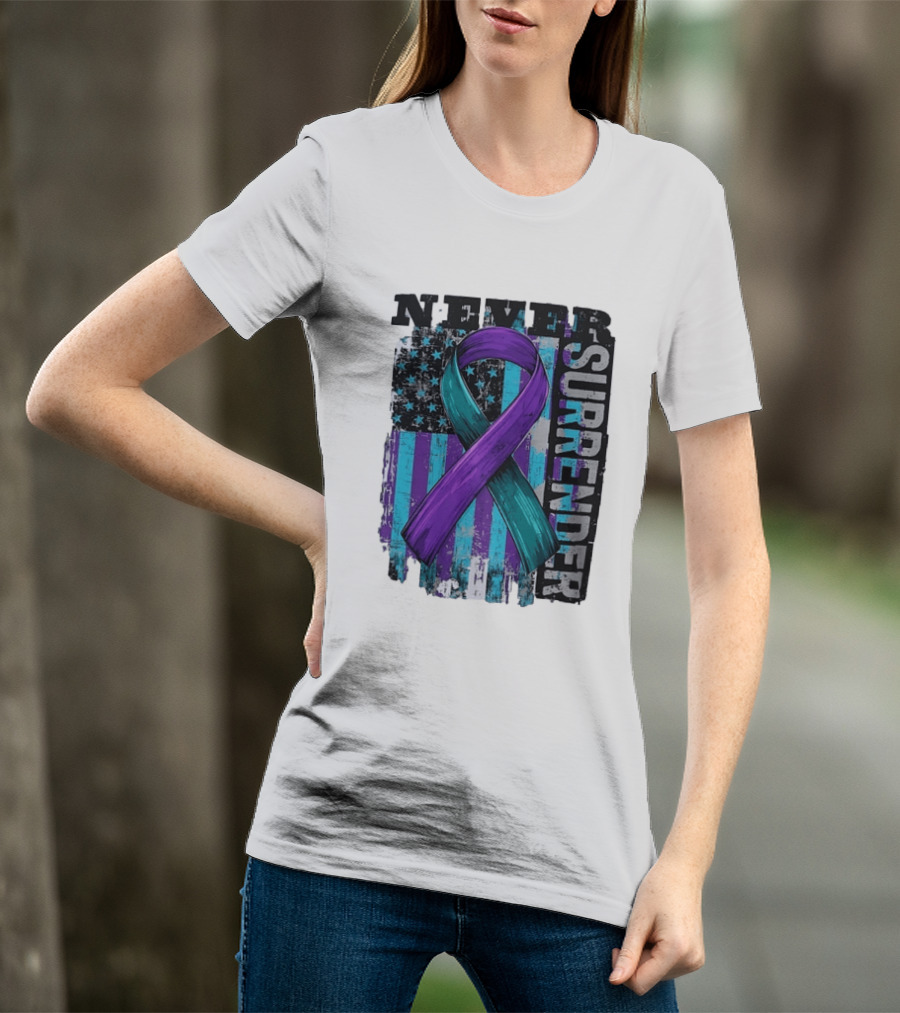 Never Surrender Teal And Purple Awareness Ribbon Distressed Flag T-Shirt