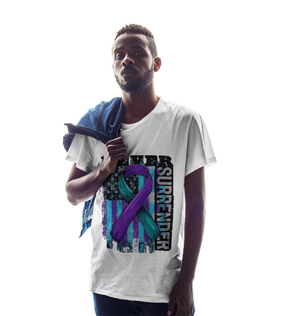 Never Surrender Teal And Purple Awareness Ribbon Distressed Flag T-Shirt