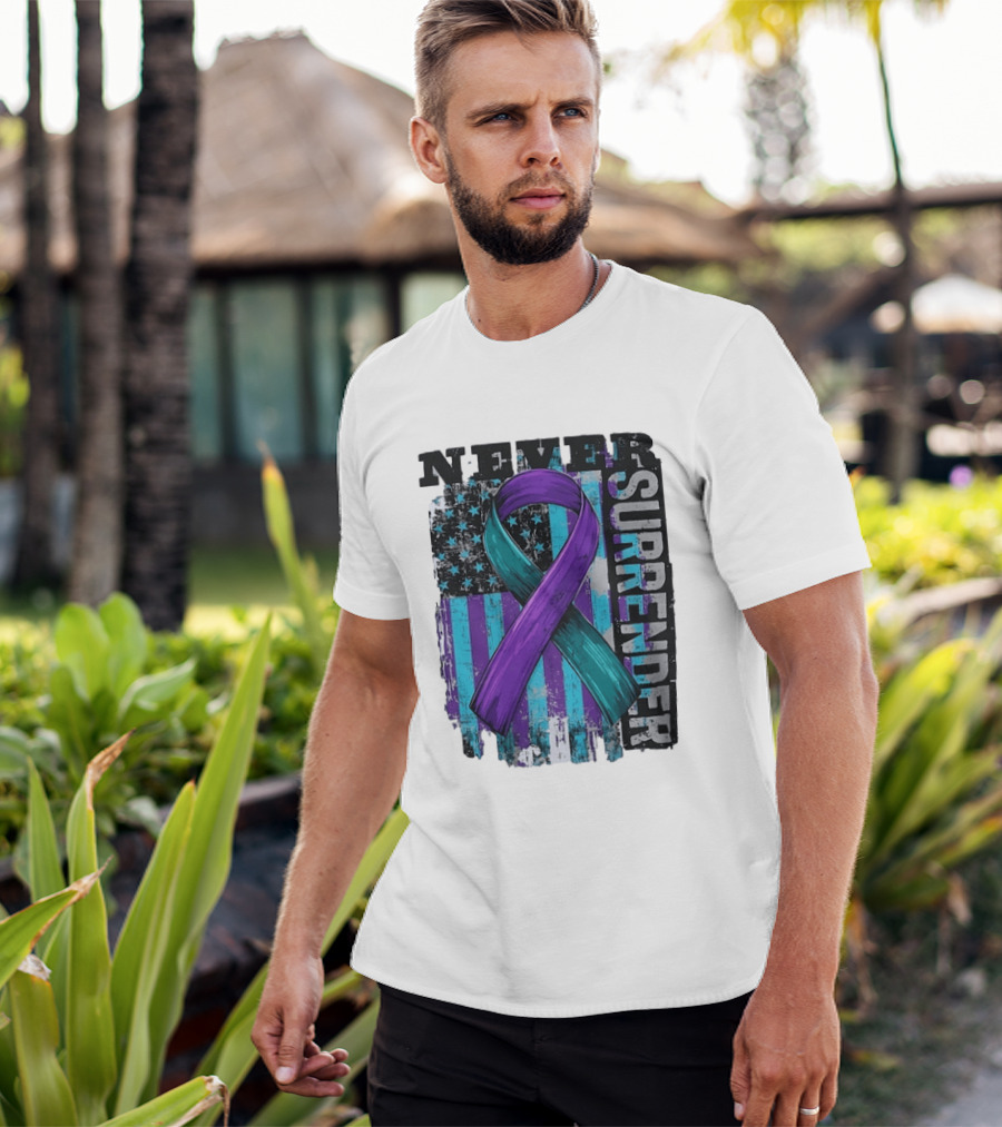Never Surrender Teal And Purple Awareness Ribbon Distressed Flag T-Shirt