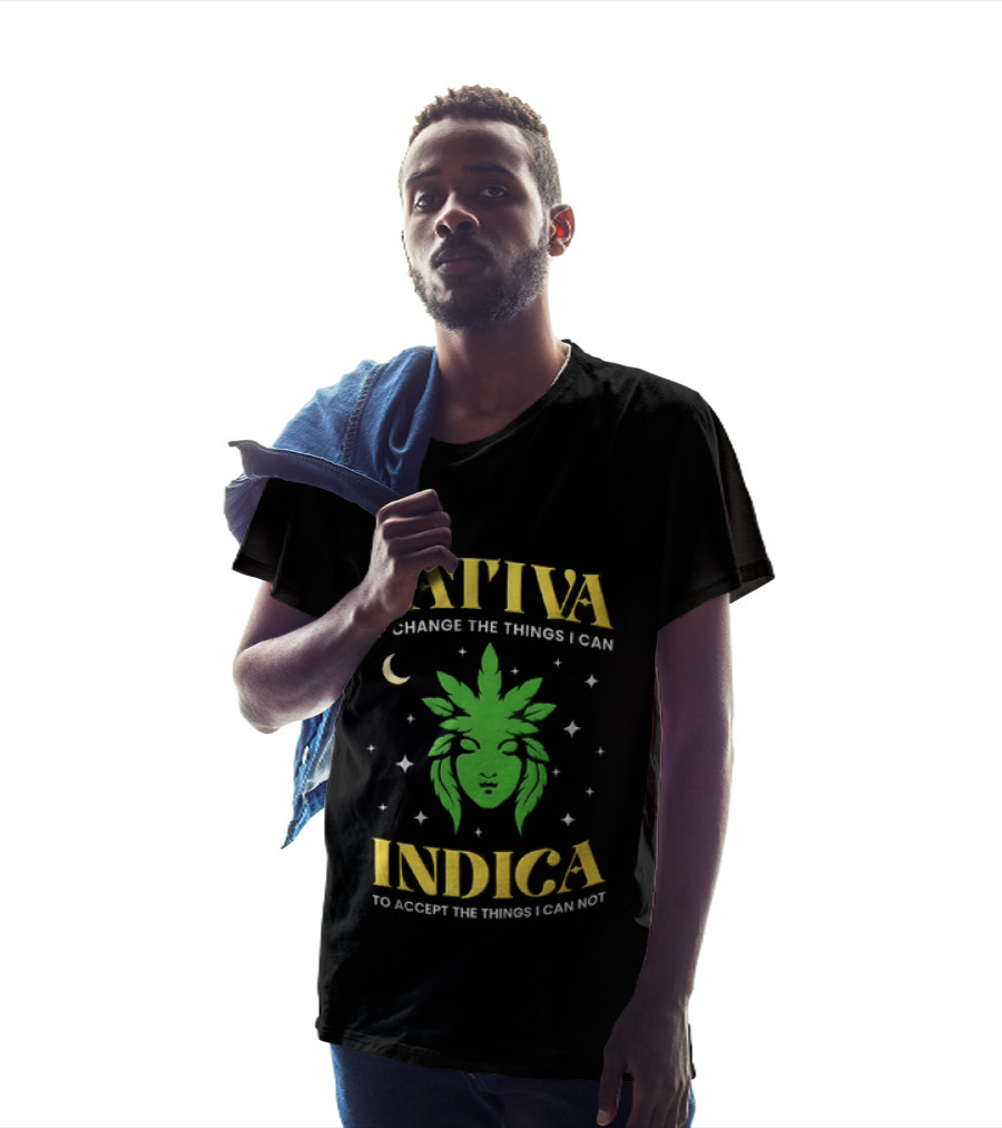 Sativa To Change The Things I Can Indica To Accept The Things I Can Not Moon Stars Cannabis Leaf T-Shirt