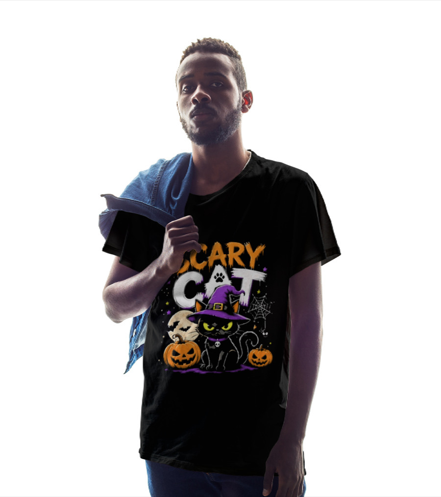 Scary Cat Black Kitten Witch Hat Full Moon Jack O Lanterns Halloween Cartoon T-Shirt