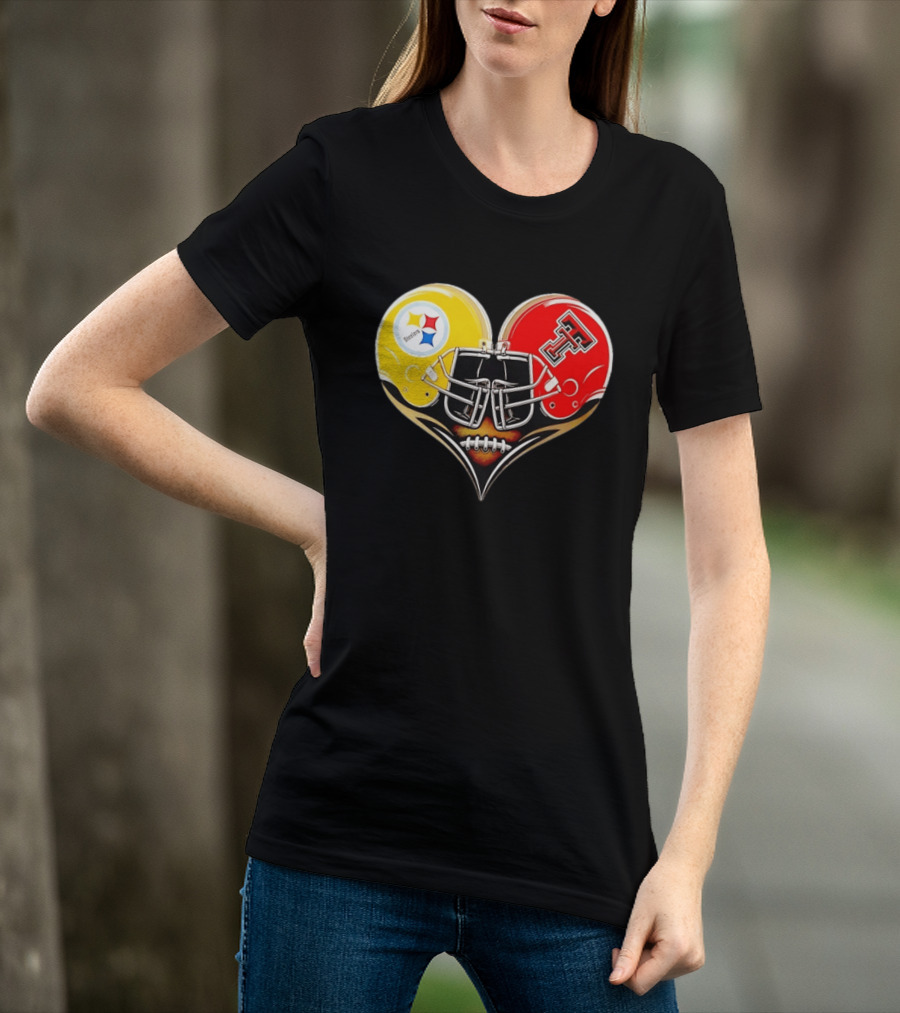 Pittsburgh Steelers Texas Tech Red Raiders Football Helmets Heart T-Shirt