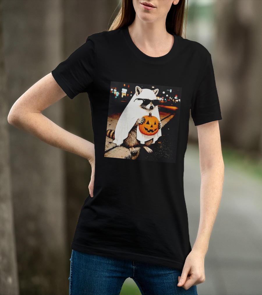 Raccoon Ghost Sunglasses Pumpkin Halloween Street Scene T-Shirt