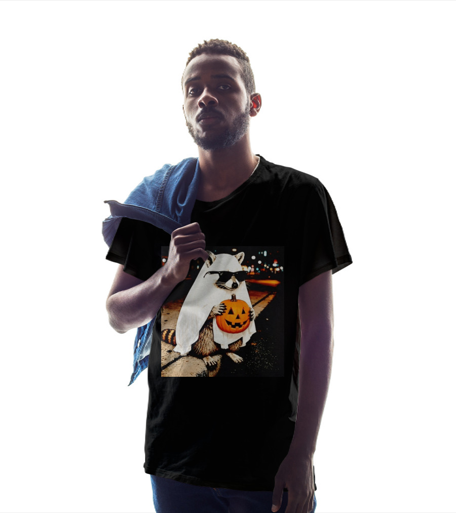 Raccoon Ghost Sunglasses Pumpkin Halloween Street Scene T-Shirt