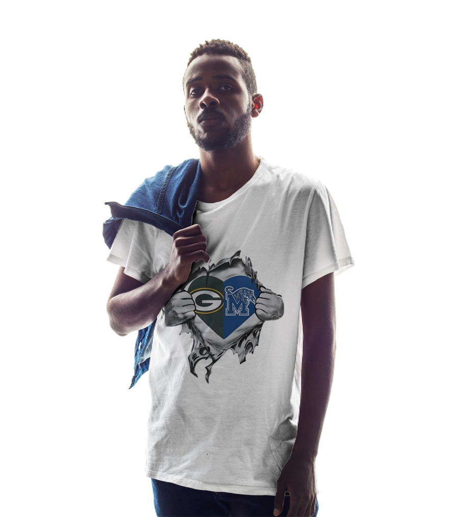 Green Bay Packers Memphis Tigers Heart Symbol Fusion T-Shirt