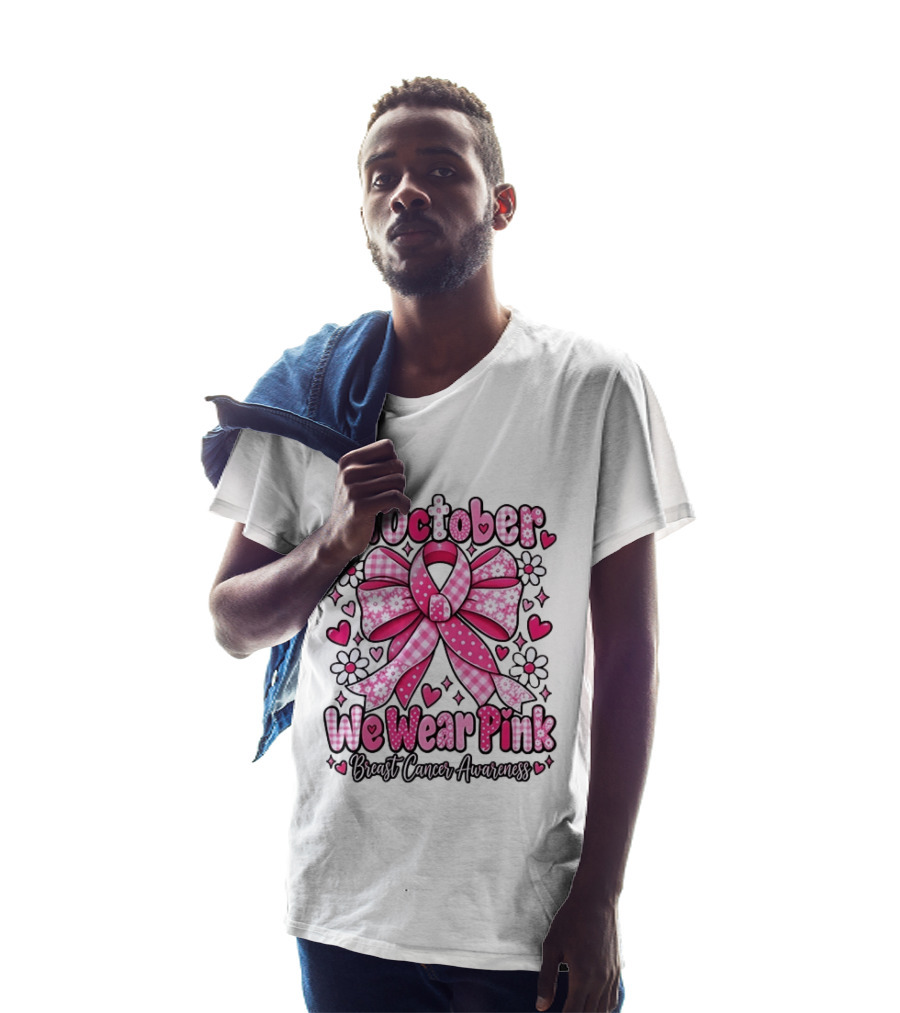 In October We Wear Pink Ribbon Breast Cancer Awareness Flowers Hearts T-Shirt