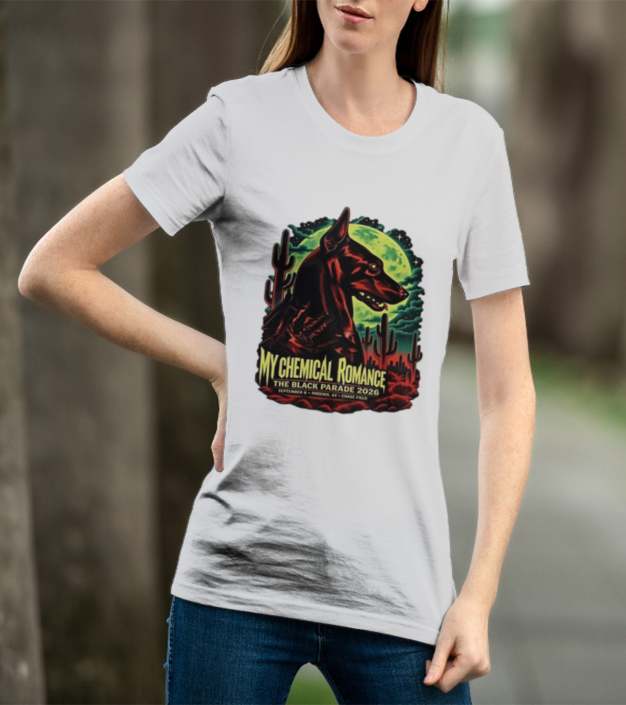 My Chemical Romance The Black Parade 2026 September 6 Phoenix AZ Chase Field Cactus And Dog Moon Scene T-Shirt