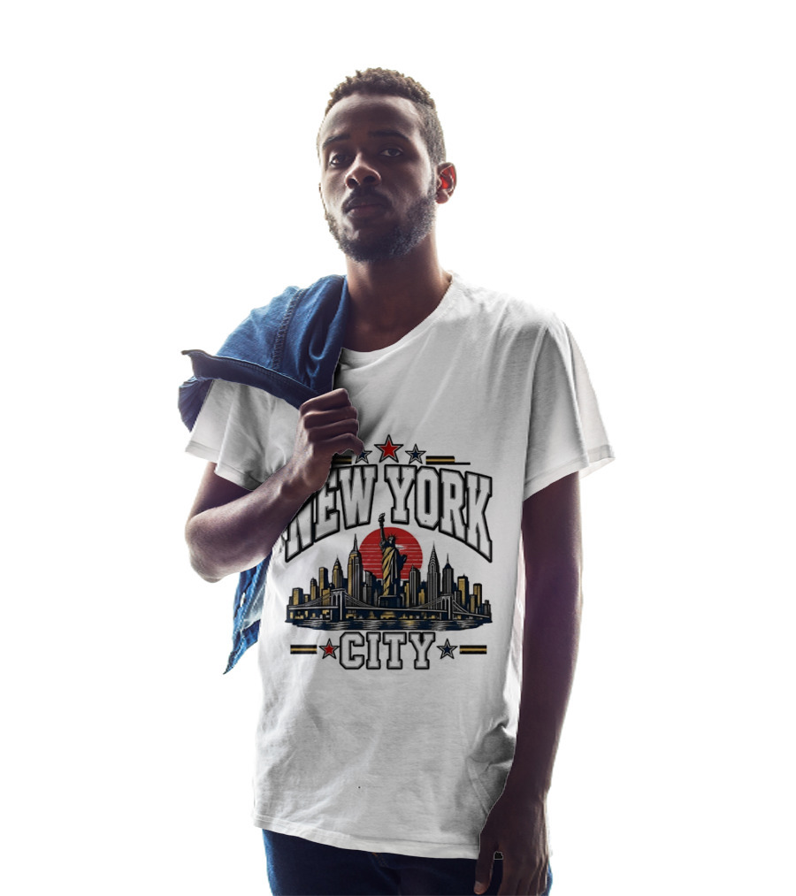 New York City Statue Of Liberty Skyline Red Sun Star Accents T-Shirt